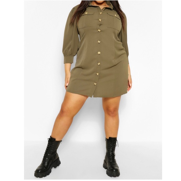 Boohoo Plus Dresses & Skirts - Boohoo Army Green Utility Pocket Front Shirt Dress